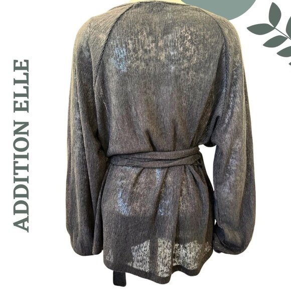 Addition Elle Black Sheer Ribbed Wrap Top with Waist Tie | V-Neck Top | Size 1X - Picture 5 of 7